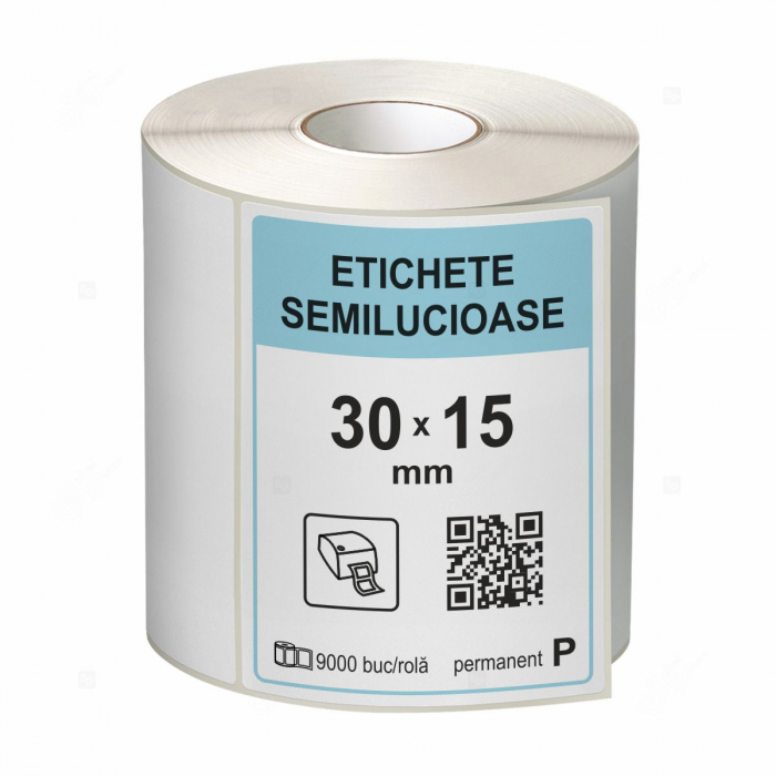 Rola etichete autoadezive semilucioase 30x15 mm, adeziv permanent, 9000 etichete rola