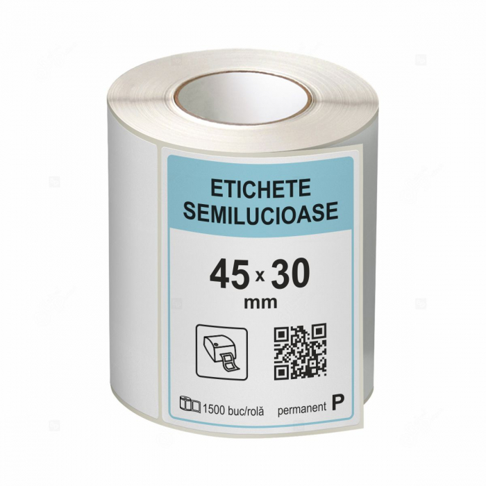 Rola etichete autoadezive semilucioase opaque 45x30 mm, adeziv permanent, 1500 etichete rola
