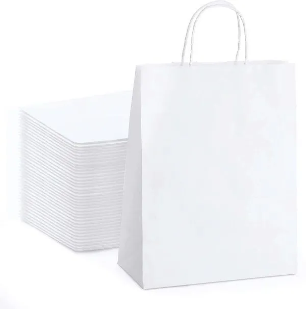 Sacose de hartie alba cu maner rasucit, 18+9 x 24 cm, 70g, set 100 bucati