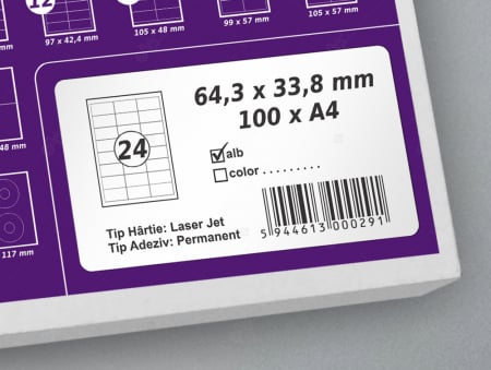 Etichete autoadezive A4, 64.3 x 33.8 mm, 24 etichete / coala A4 [0]