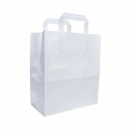 Pungi hartie - Pungi hartie cu maner banda, 32+16 x 39 cm, hartie alba 80g