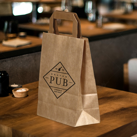 Pungi personalizate - Pungi hartie personalizate cu maner banda, imprimare fata, 32+21 x 33 cm, hartie natur 80g