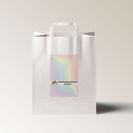 Pungi personalizate - Pungi hartie personalizate cu maner banda, imprimare fata, 32+16 x 39 cm, hartie alba 80g