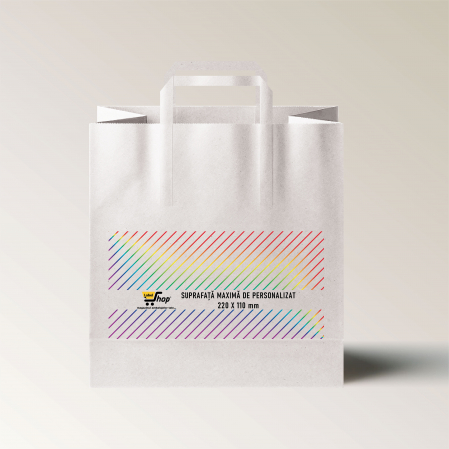 Pungi personalizate - Pungi hartie personalizate cu maner banda, imprimare fata, 26+17 x 27 cm, hartie alba 70g
