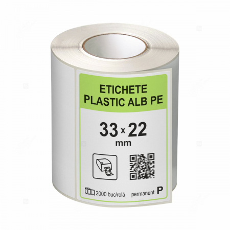 Etichete in rola - Rola etichete autoadezive plastic, PE alb, 33x22 mm, adeziv permanent, 2000 etichete/rola