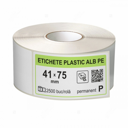 Etichete in rola - Rola etichete autoadezive plastic, PE alb, 41x75 mm, adeziv permanent, 2500 etichete/rola