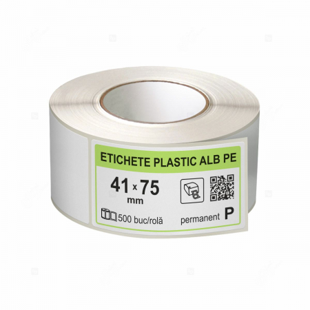 Etichete in rola - Rola etichete autoadezive plastic, PE alb, 41x75 mm, adeziv permanent, 500 etichete/rola