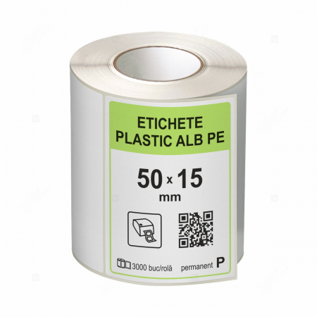 Rola etichete autoadezive plastic, PE ALB, 50x15 mm, adeziv permanent, 3000 etichete/rola [0]