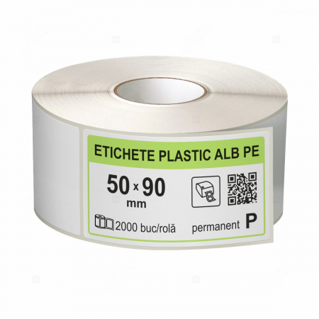Etichete in rola - Rola etichete autoadezive plastic, PE alb, 50x90 mm, adeziv permanent, 2000 etichete/rola