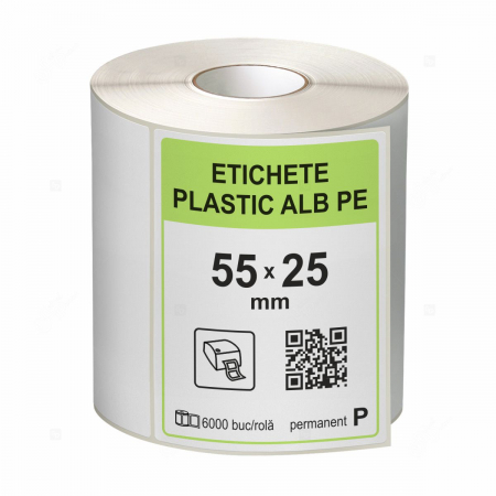 Etichete in rola - Rola etichete autoadezive plastic, PE alb, 55x25 mm, adeziv permanent, 6000 etichete/rola