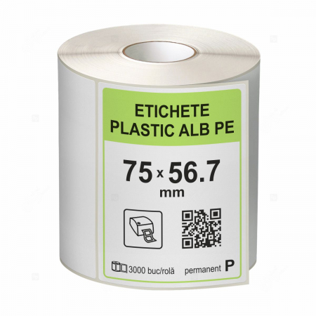 Etichete in rola - Rola etichete autoadezive plastic, PE alb, 75x56.7 mm, adeziv permanent, 3000 etichete/rola