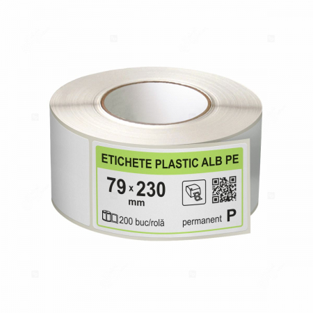 Etichete in rola - Rola etichete autoadezive plastic, PE alb, 79x230 mm, adeziv permanent, 200 etichete/rola