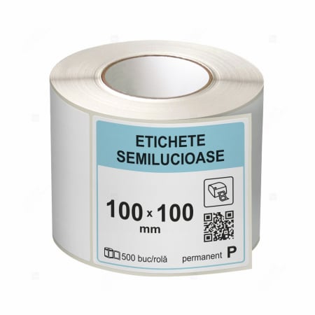 Etichete in rola - Rola etichete autoadezive semilucioase 100x100 mm, adeziv permanent, 500 etichete/rola