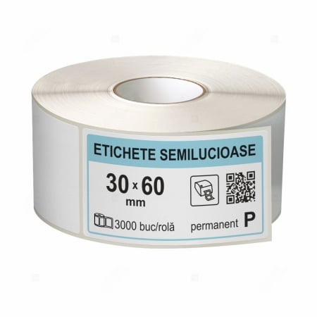 Etichete in rola - Rola etichete autoadezive semilucioase 30x60 mm, adeziv permanent, 3000 etichete/rola