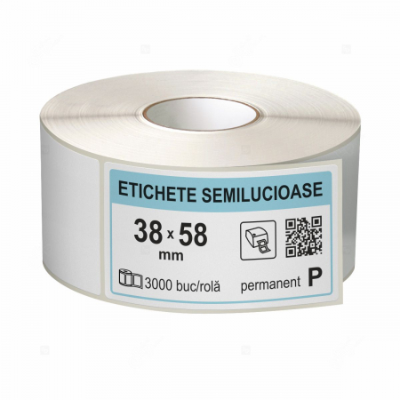 Etichete in rola - Rola etichete autoadezive semilucioase 38x58 mm, adeziv permanent, 3000 etichete/rola