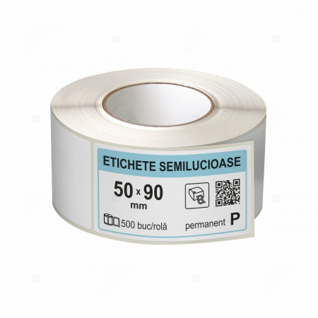 Etichete in rola - Rola etichete autoadezive semilucioase 50x90 mm, adeziv permanent, 500 etichete/rola