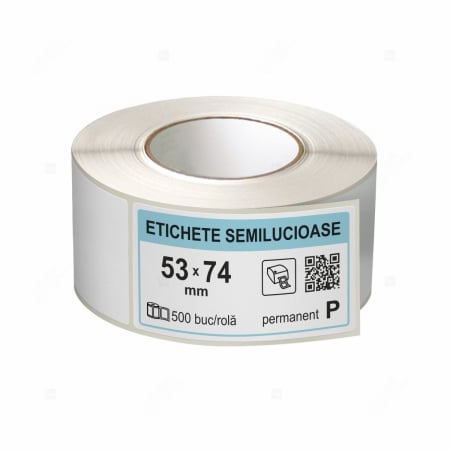 Etichete in rola - Rola etichete autoadezive semilucioase 53x74 mm, adeziv permanent, 500 etichete/rola