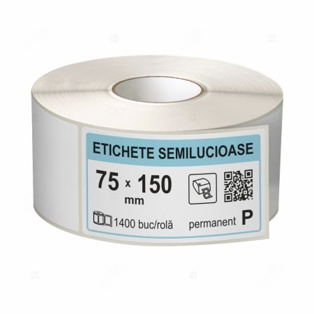 Etichete in rola - Rola etichete autoadezive semilucioase 75x150 mm, adeziv permanent, 1400 etichete/rola