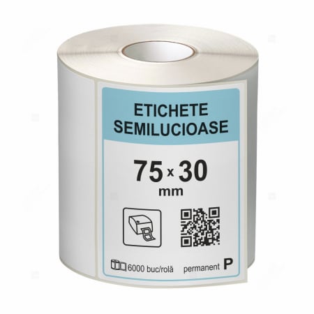 Etichete in rola - Rola etichete autoadezive semilucioase 75x30 mm, adeziv permanent, 6000 etichete/rola