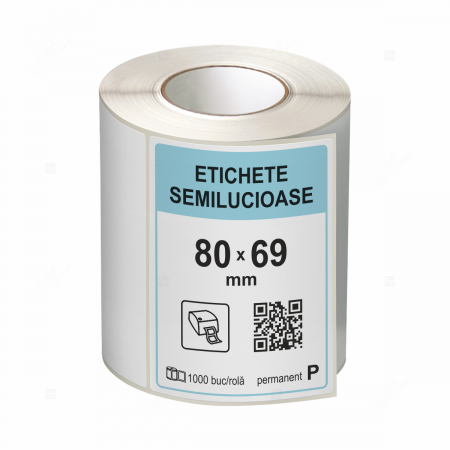 Etichete in rola - Rola etichete autoadezive semilucioase 80x70 mm, adeziv permanent, 1000 etichete/rola