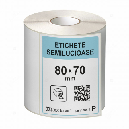 Etichete in rola - Rola etichete autoadezive semilucioase 80x70 mm, adeziv permanent, 3000 etichete/rola