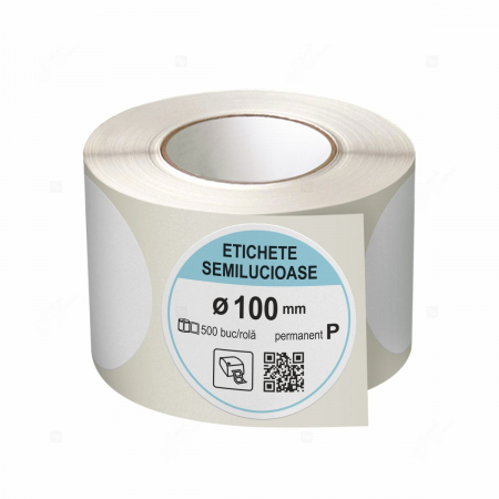 Etichete in rola - Rola etichete autoadezive semilucioase, rotunde, diametru 100 mm, adeziv permanent, 500 etichete/rola