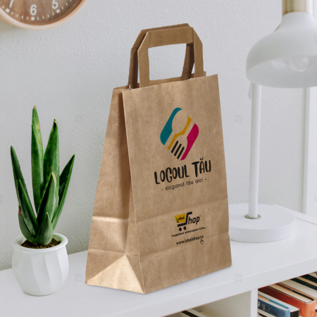 Pungi personalizate - Sacose hartie personalizate cu maner banda, imprimare fata-verso, 18+9 x 24 cm, hartie natur reciclata 70g