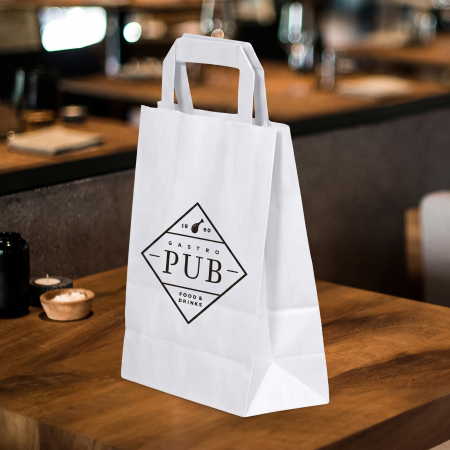 Pungi personalizate - Sacose hartie personalizate cu maner banda, imprimare fata-verso, 18+9 x 24 cm, hartie alba  70g