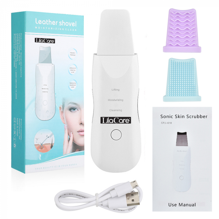 Aparat de curatare faciala cu ultrasunete Lila Care, dispozitiv cu ioni, indepartare puncte negre, hidratare, skin scrubber, peeling, curatare ten, anti rid, anti imbatranire, acumulator, alb [8]
