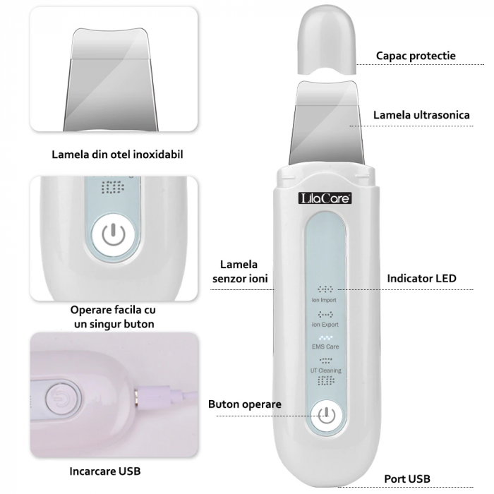 Aparat de curatare faciala si masaj Lila Care, indepartarea punctelor negre, lifting si tonifiere, anti imbatranire, absorbtie nutrienti, alb [4]