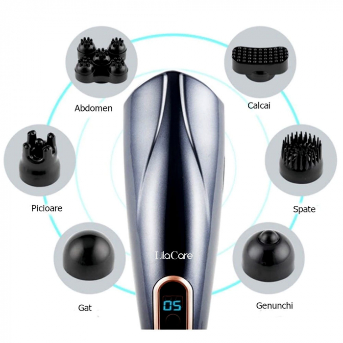 Aparat de masaj Lila Care, pentru spate, umeri, picioare, maini, gat, abdomen, cu 6 capete detasabile, 24 W, gri [4]