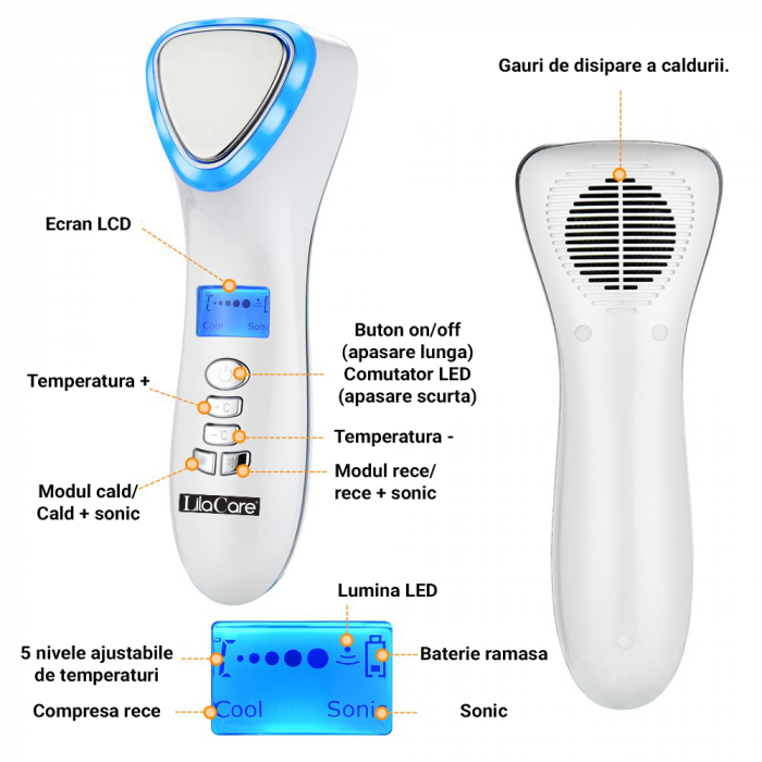 Aparat masaj facial Lila Care, pentru indepartarea liniilor fine, vibratii cu ultrasunete, masaj rece/cald, foton, functie de intinerire, alb [12]