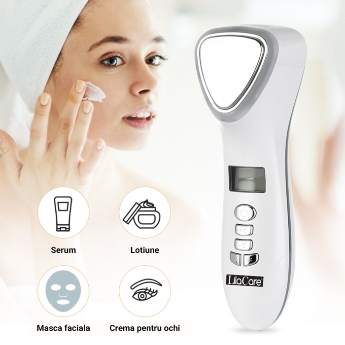 Aparat masaj facial Lila Care, pentru indepartarea liniilor fine, vibratii cu ultrasunete, masaj rece/cald, foton, functie de intinerire, alb [10]