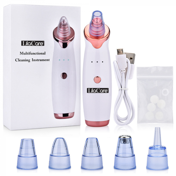 Aspirator facial Lila Care, ingrijire ten, indepartarea punctelor negre, minimizarea porilor, putere de aspirare mare, 3 nivele de rezistenta, 5 capete inlocuibile, portabil, alb [4]