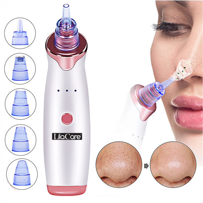 Aspirator facial Lila Care, ingrijire ten, indepartarea punctelor negre, minimizarea porilor, putere de aspirare mare, 3 nivele de rezistenta, 5 capete inlocuibile, portabil, alb [6]
