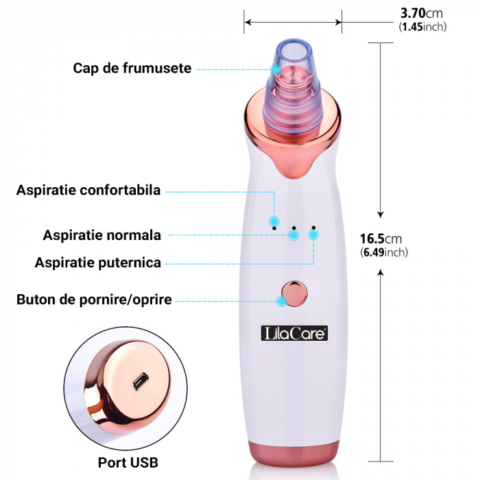 Aspirator facial Lila Care, ingrijire ten, indepartarea punctelor negre, minimizarea porilor, putere de aspirare mare, 3 nivele de rezistenta, 5 capete inlocuibile, portabil, alb [7]