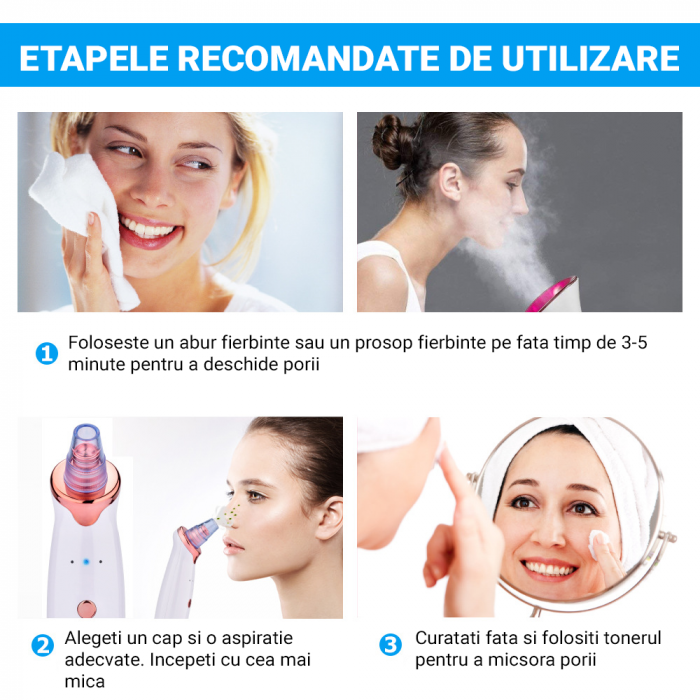Aspirator facial Lila Care, ingrijire ten, indepartarea punctelor negre, minimizarea porilor, putere de aspirare mare, 3 nivele de rezistenta, 5 capete inlocuibile, portabil, alb [5]