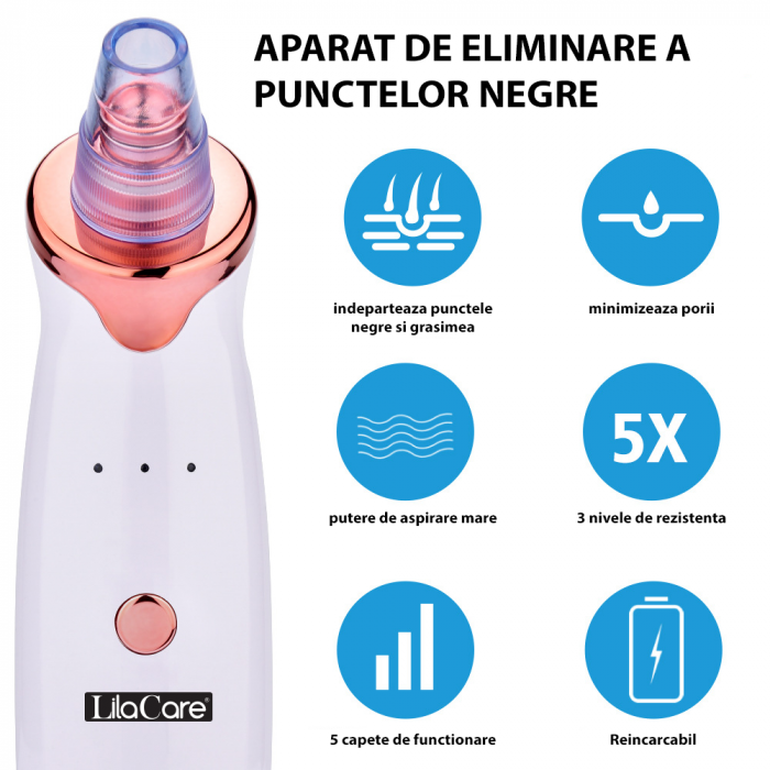 Aspirator facial Lila Care, ingrijire ten, indepartarea punctelor negre, minimizarea porilor, putere de aspirare mare, 3 nivele de rezistenta, 5 capete inlocuibile, portabil, alb [9]