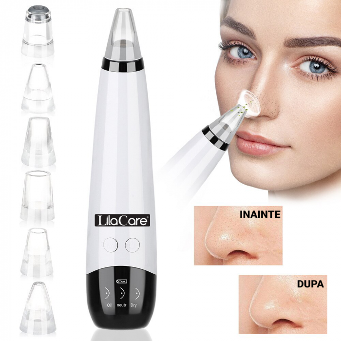Aspirator facial Lila Care, ingrijire ten, indepartarea punctelor negre, minimizarea porilor, putere de aspirare mare, 6 capete inlocuibile, 3 nivele de rezistenta, ecran HD LED, portabil, alb-negru [10]