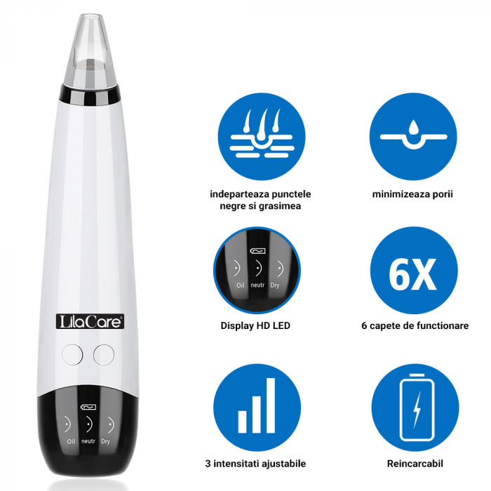 Aspirator facial Lila Care, ingrijire ten, indepartarea punctelor negre, minimizarea porilor, putere de aspirare mare, 6 capete inlocuibile, 3 nivele de rezistenta, ecran HD LED, portabil, alb-negru [11]