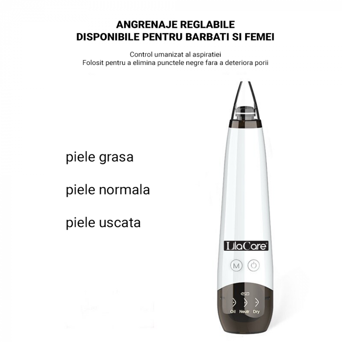 Aspirator facial Lila Care, ingrijire ten, indepartarea punctelor negre, minimizarea porilor, putere de aspirare mare, 6 capete inlocuibile, 3 nivele de rezistenta, ecran HD LED, portabil, alb-negru [7]