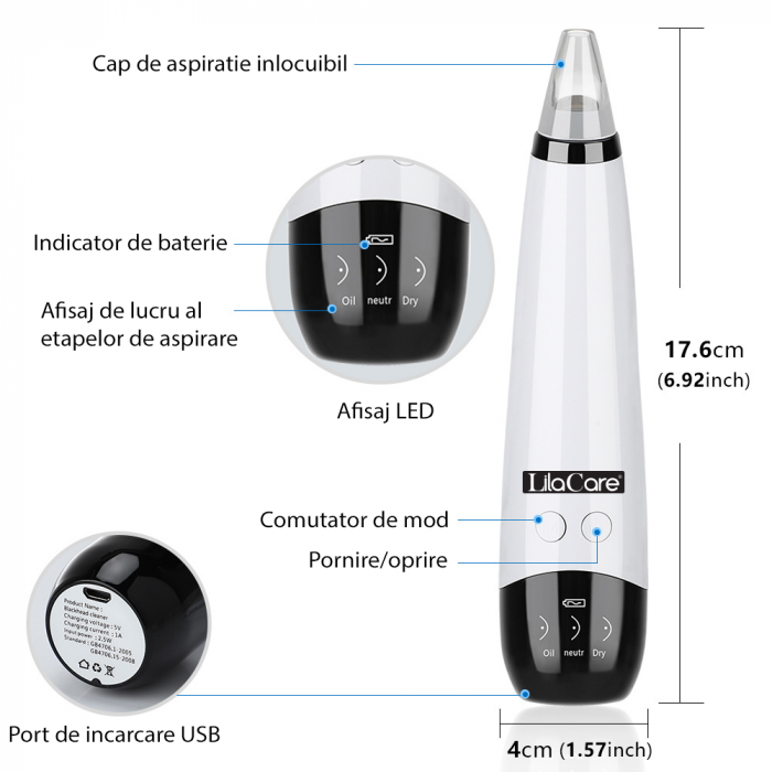 Aspirator facial Lila Care, ingrijire ten, indepartarea punctelor negre, minimizarea porilor, putere de aspirare mare, 6 capete inlocuibile, 3 nivele de rezistenta, ecran HD LED, portabil, alb-negru [2]