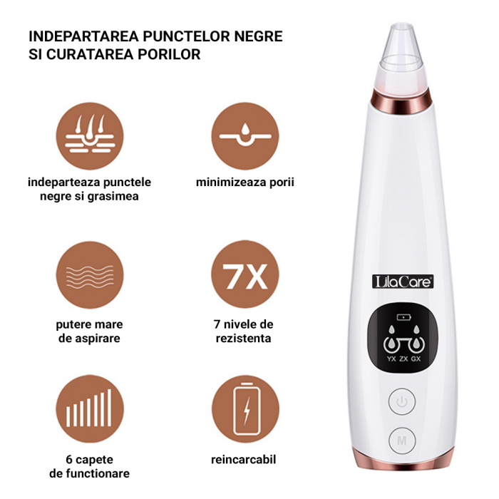 Aspirator facial Lila Care, ingrijire ten, indepartarea punctelor negre, minimizarea porilor, putere de aspirare mare, 6 capete inlocuibile, 7 nivele de rezistenta, portabil, alb [6]