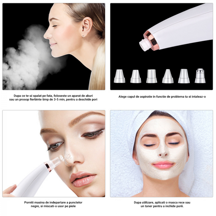 Aspirator facial Lila Care, ingrijire ten, indepartarea punctelor negre, minimizarea porilor, putere de aspirare mare, 6 capete inlocuibile, 7 nivele de rezistenta, portabil, alb [9]