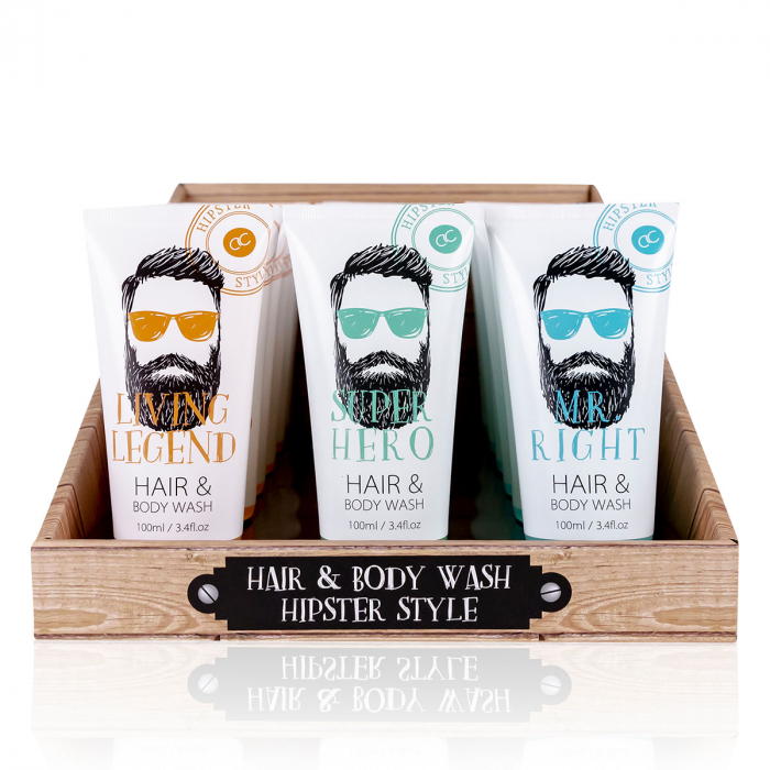 Set cadou barbati, gel de dus, 100ml hair body wash HIPSTER STYLE in tube, 3 designs asst., fragrance: Oak Citrus, col. white/orange/blue, PU 18 in display / 1 display per inner carton / 4 per out [3]