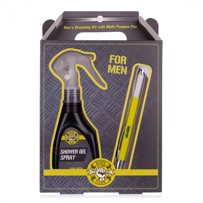 Set cadou barbati, gel de dus, Bath set BATH BODY TOOLS in paper gift box, incl. 100ml shower gel spray, multi-purpose pen (*), fragrance: Musk, col.: black/yellow/grey, PU 6/24, set cadou craciun [1]
