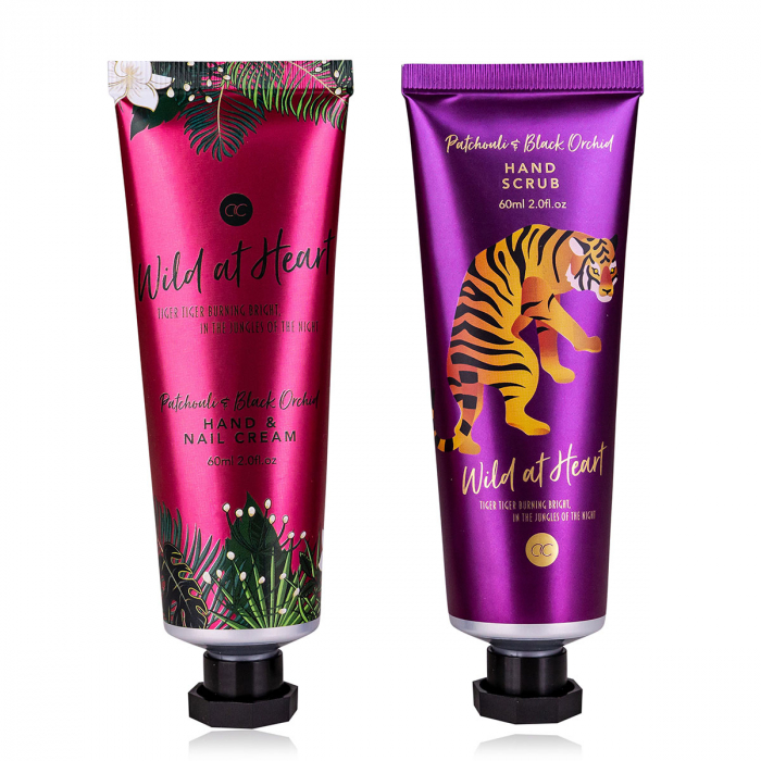 Set cadou femei, crema de maini, scrub, Hand care set WILD AT HEART in cosmetic bag, incl. 60ml hand nail cream, 60ml hand scrub, fragrance: Patchouli Black Orchid, col. green/gold/black, PU 6/24, [1]