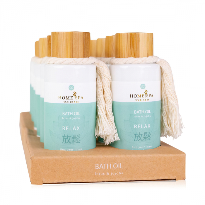 ulei de dus, 100ml bath oil HOME SPA in bottle with tassel, fragrance: Lotus Jojoba, col. mint green/brown/white, PU 12 in display / 48 in export carton, set cadou craciun [1]
