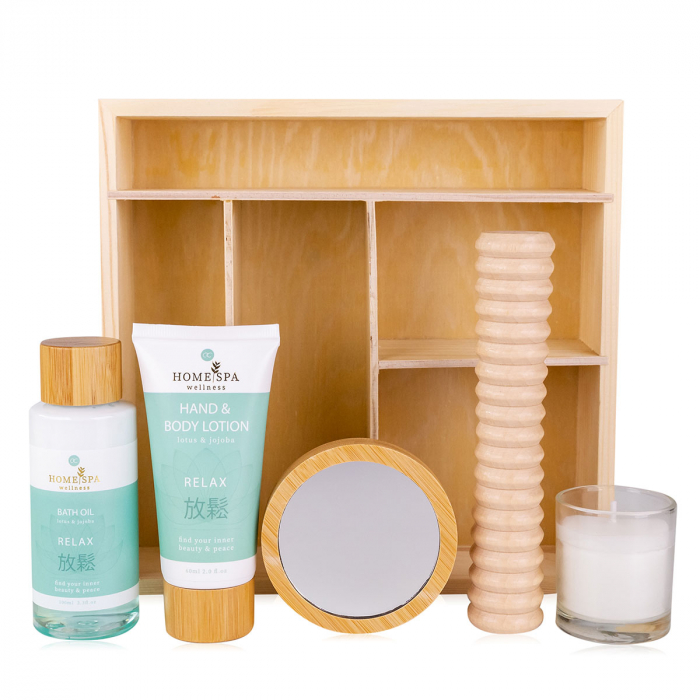 Set cadou femei, ulei de dus, lotiune de maini, aparat de masaj, lumanare parfumata, Bath set HOME SPA in wooden storage box, incl. 100ml bath oil, 60ml hand body lotion, fragrance candle, mirror, w [3]