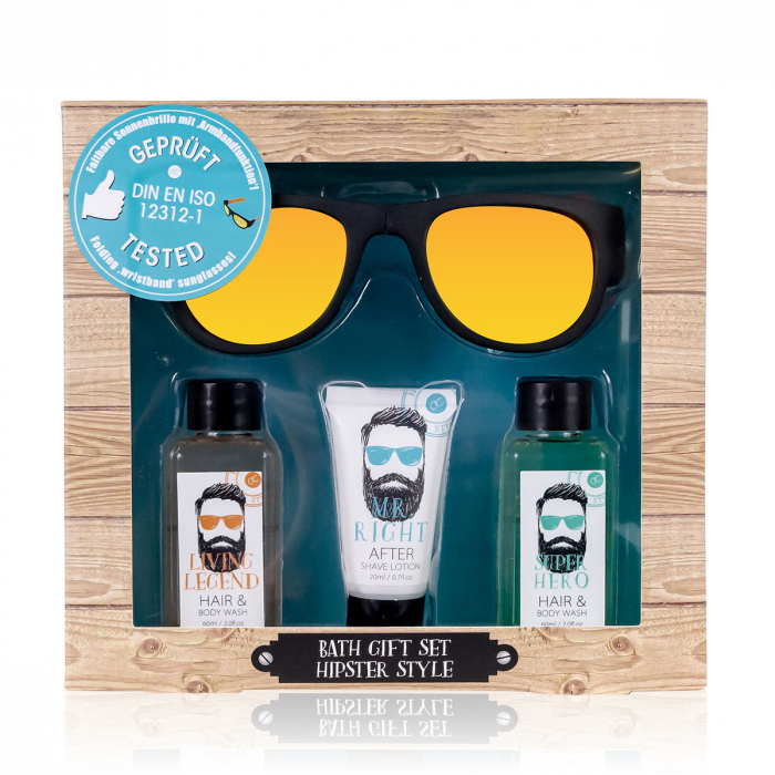 Set cadou barbati, gel de dus, after shave , ochelari soare, Bath set HIPSTER STYLE in paper gift box, incl. 2 * 60ml hair body wash, 20ml after shave lotion and Wrist Slap Foldable Sunglasses, frag [4]